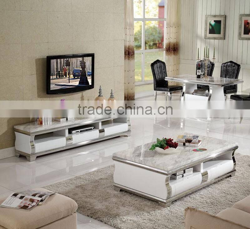 B1073 royal luxury high gloss stainless steel coffee table set with marble top white