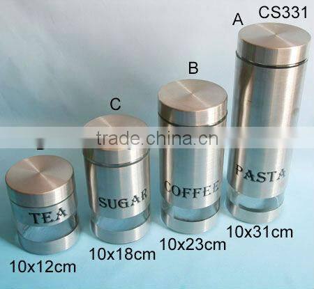high quality cylinder stainless steel glass food container / glass cookie jar