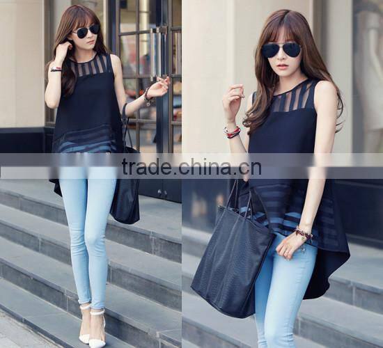Blusas Femininas 2015 Summer Black Tulle blusa Women Blouses Ladies clothing organza sleeveless striped chiffon Blouse