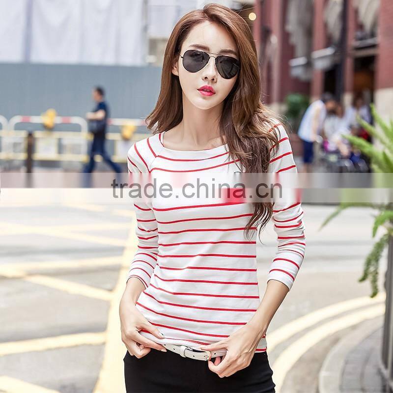 Hot sale autumn casual women wild striped knitted laday polyester bottoming thin slim long sleeve t shirt