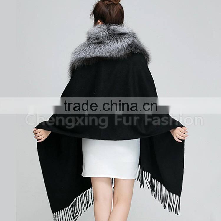 CX-B-P-53A Women Luxury Fox Fur Trim Pashmina Shawl