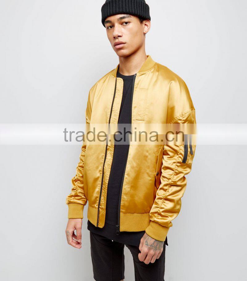 MGOO New Design Gold Oversized Bomber Jacket Drop Shoulder Customized Plain Satin Winter Jacket For Man