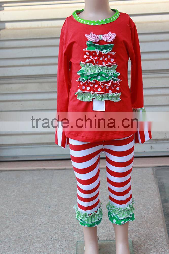 Wholesale baby sweet christmas tree pattern bounique ruffle kid's outfit set for baby