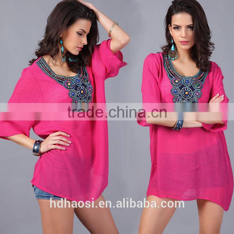 Hotsale O-neck Printed Retro Vintage Bohemian Loose Casual Chiffon shirts Blouse top clothing for women