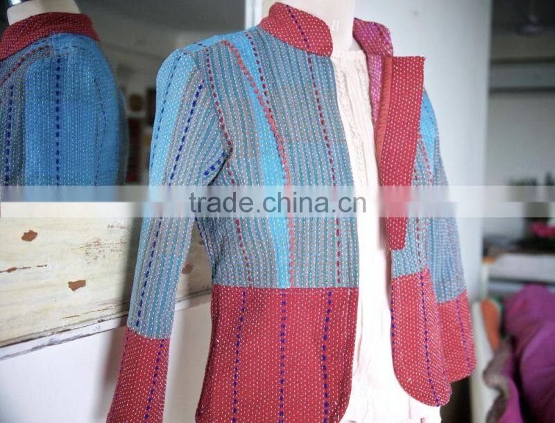 Vintage Kantha Jacket in Turquoise & Brick Red Color ~ Small