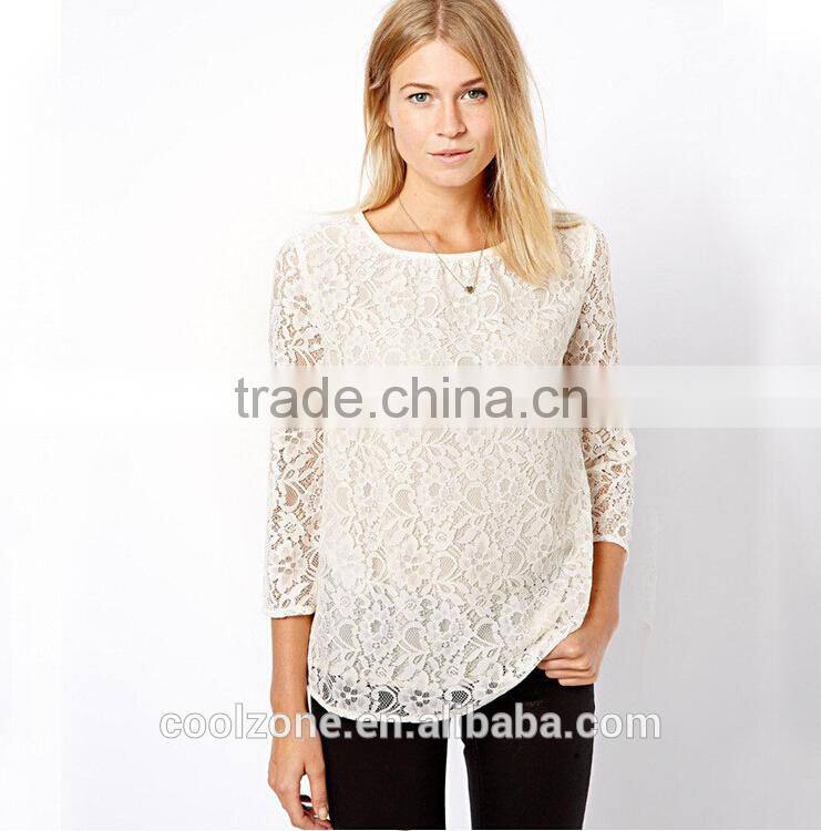 Elegant white basic woman blouse fashion sheer crochet lace blouse 2015