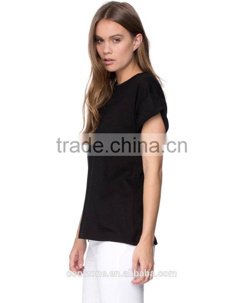 Wholesale crew neck rolled cuffs cotton t shirt women t shirts