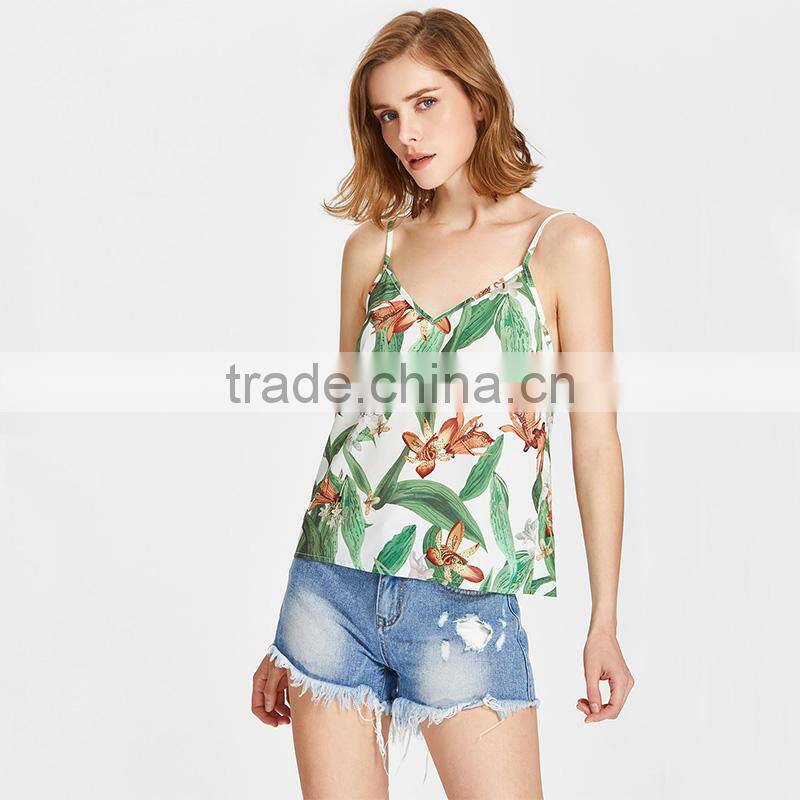 Hot design floral print sexy top, ladies V neck silk short tan top