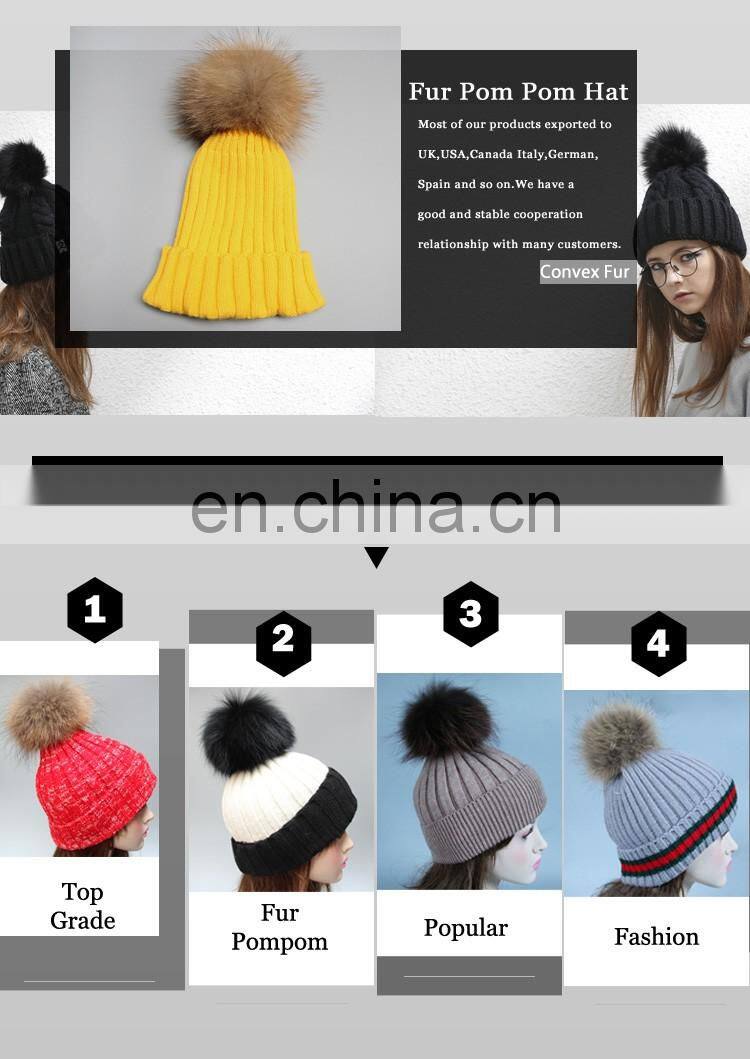 High quality winter lady hats for fashion genuine fur pompon beanie hats