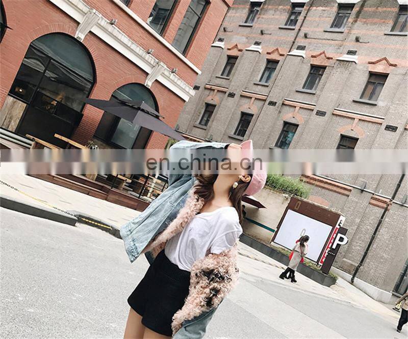 Fashion Wholesale Real Fur Lining Denim Jacket Women Lamb Fur Coat