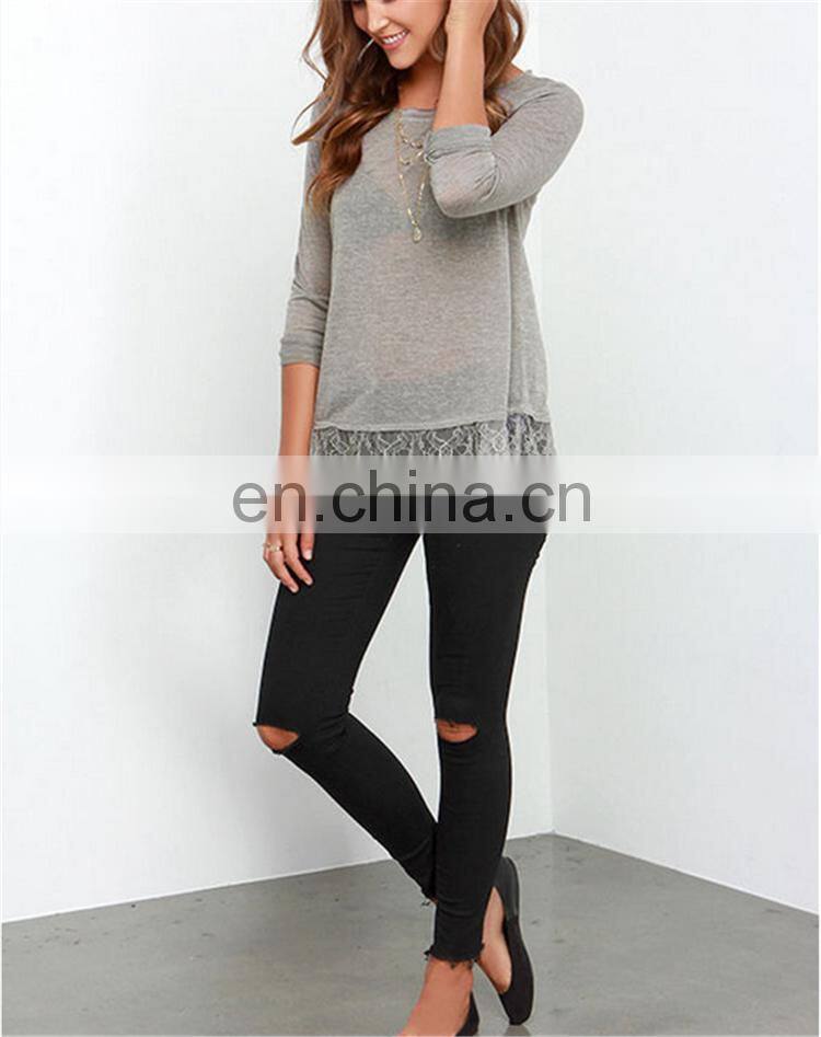 Wholesale 2016 New Fashion Lace Blouse Designs Lady Long Sleeve Sexy Floral Print Grey Blouse