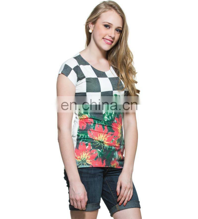 2015 Factory direct price wholesale Ploycotton Chess Board With Retro Flower Print T-shirt