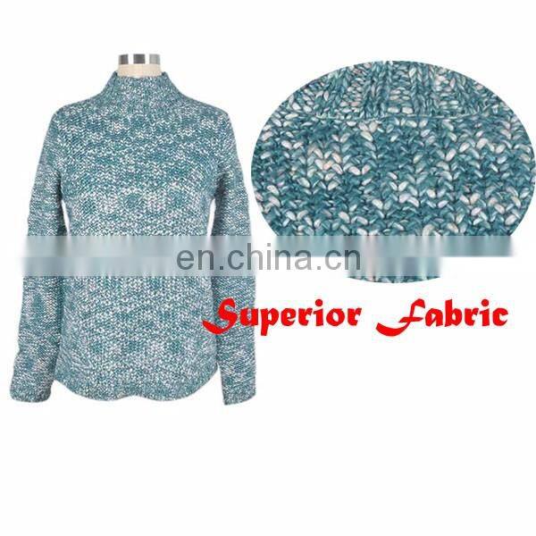 Cyan High O-neck Long Sleeve Women Sweater Tuxedo Design Knitting Fabric