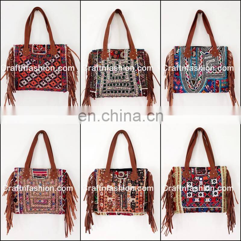 indian village Handmade Embroidery work Fringes leather bag- Antique Indian Banjara leather fringe Tote Bag- Indian Vintage bag