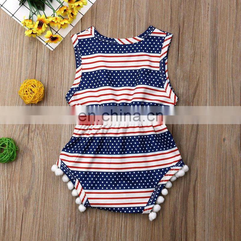 Newborn Baby Girl & Boy Summer Romper Clothes Infant Baby Girls Dot Striped Romper Tassel Romper Clothes JULY 4TH