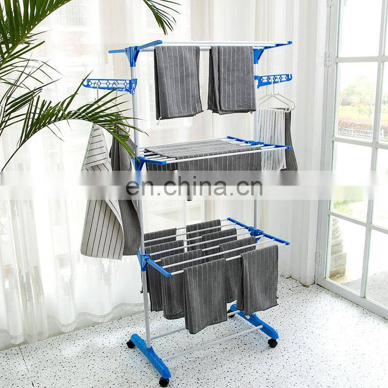 3 Tier Rolling Clothes Drying Rack Adjustable Laundry Rack with Foldable Wings Shape household hangers