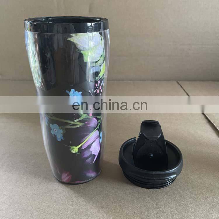 350ml Custom Logo Paper Insert Double Wall Plastic Travel Mug With Lid