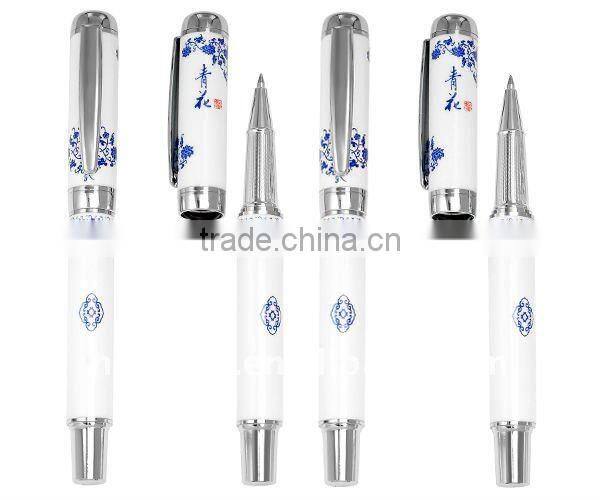 HOT! Porcelain White Blue Fountain Pen Chinese Culture Dragons Phoenix 18kgp Nib M with Push in Style Ink Converter(free sample)