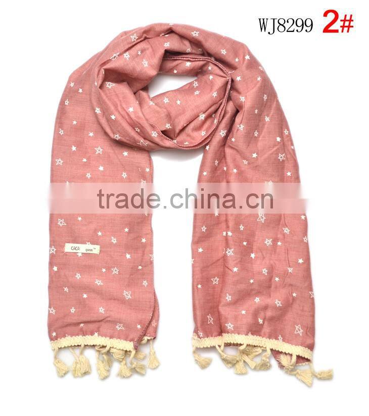 Hot Selling Star Printed Tassel Lace Brim Sewed Boys Girls Kids Linen Cotton Scarf