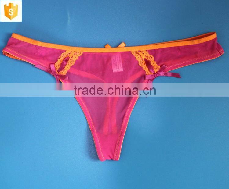 Satin bow sexy lace panty,pink women thong ubderwear