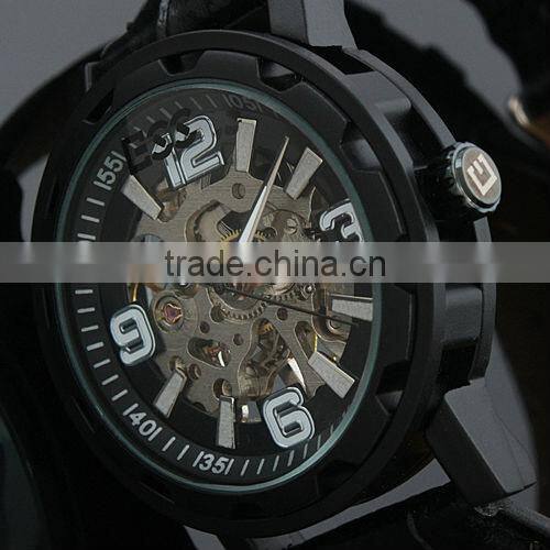 Brand Men's Black Luxury Stainless Steel Skeleton Semi-Automatic Leather Mechanical Watch WM221-ESS