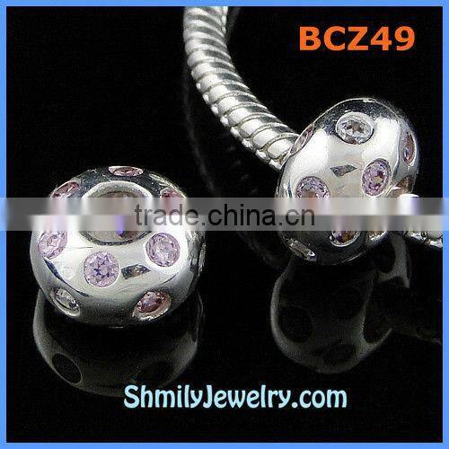 Wholesale 925 Silver Purple CZ Crystal European Flower Beads BCZ48