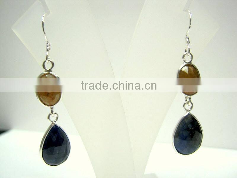 Multi Sapphire Tumble Natural Gemstones Earrings, 925 Solid Sterling Silver Earrings, Designer Facet Gemstone Dangle Earrings
