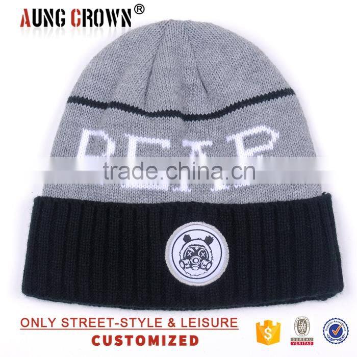 Custom acrylic cuff beanie knitted hat with custom patch