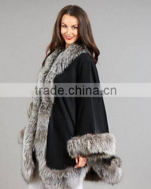 Original Design Long Pushmina Poncho With Silver Fox Fur Trim Ladies Fur Cashmere Shawl/Cape