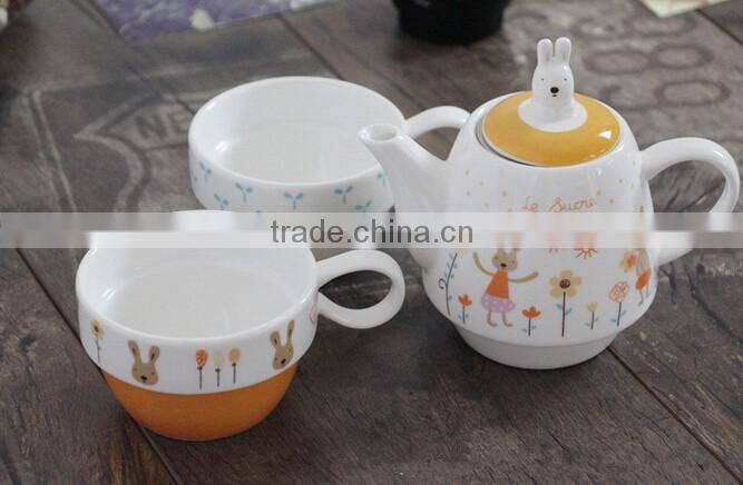 Zakka creative cartoon rabbit couples coffee kettele and mugs ceramic three-piece tea set with stainless steel filter