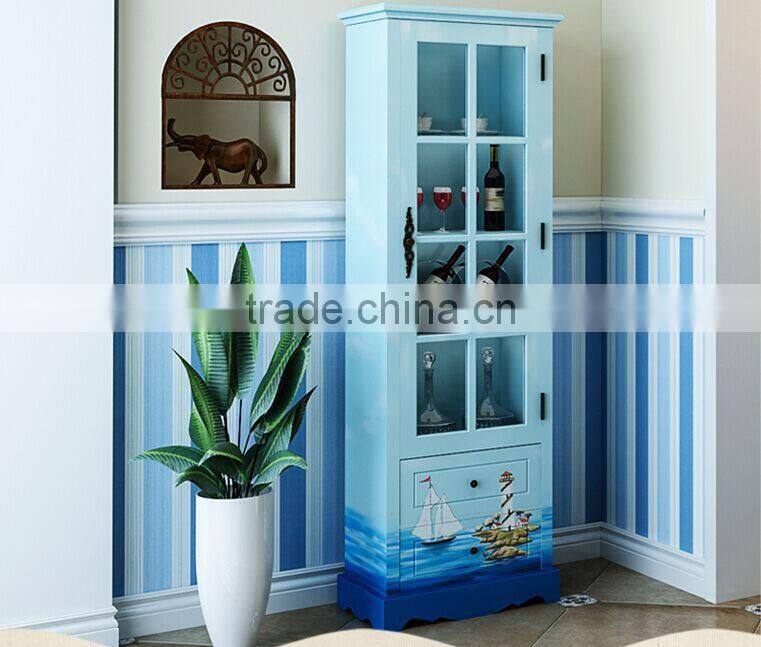 Mediterranean Style Liquor Cabinet, Sailing Boat Handpainting Wooden Drinks Cabinet, Pastoral Living Room Showcase (BF01-X1151)