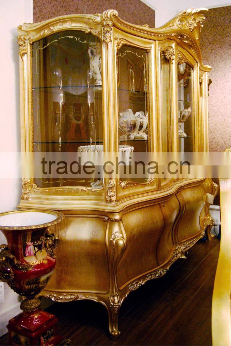 Luxury Antique Golden Living Room 4-door Display Cabinet/ French Style Classic Wooden Carving Wine Cabinet, Vitrine, Showcase