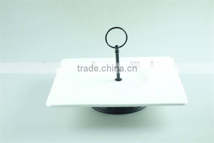 stock white porcelain cake fruit plate with metal handle
