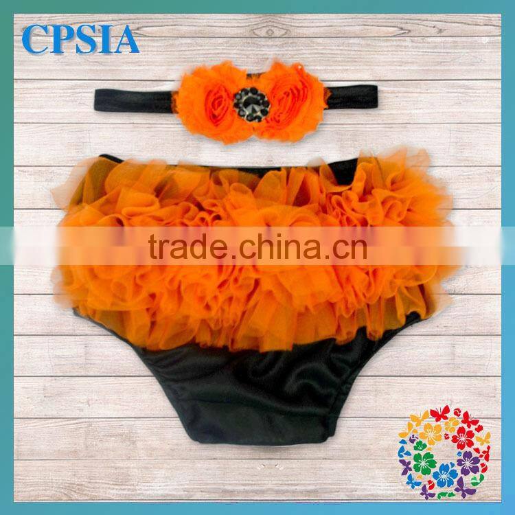 orange white polka dot cotton ruffle shorts with flower headband newborn baby bloomers wholesale