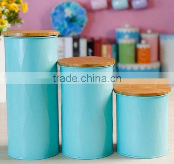 Airtight Metal Logo Kitchen Canister Set With Wooden cover Embossed Line