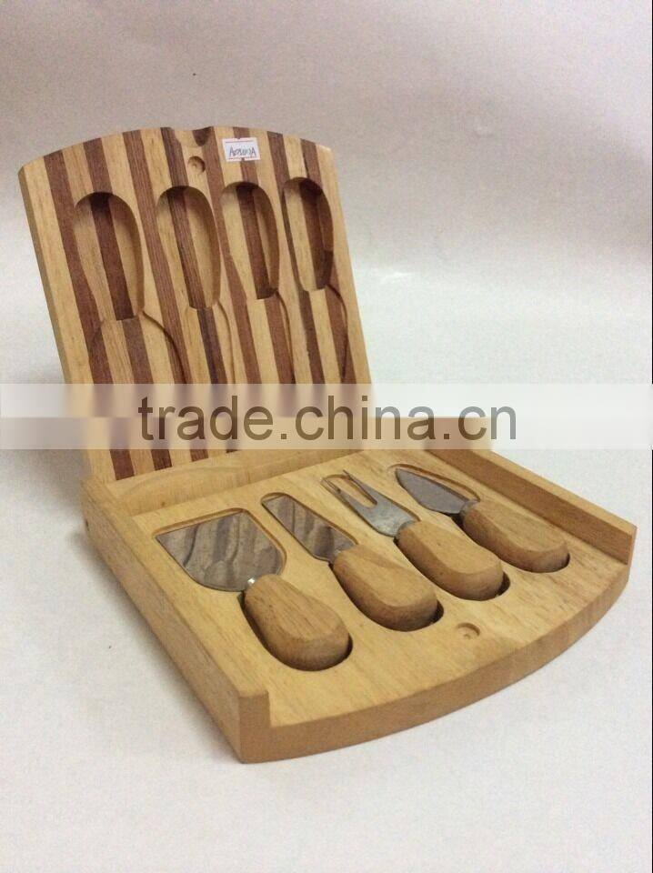 Rubber wood cheese box with cheese knives ,wooden cheese box,bamboo cheese box with knives set