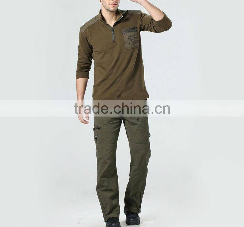 Men's 65% polyester 35% cotton with logo patch zipper collar and pocket military polar fleece jacket