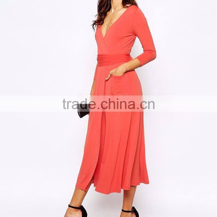 Orange wrap front waist belted long sleeve high split fashion custom cotton maxi dress