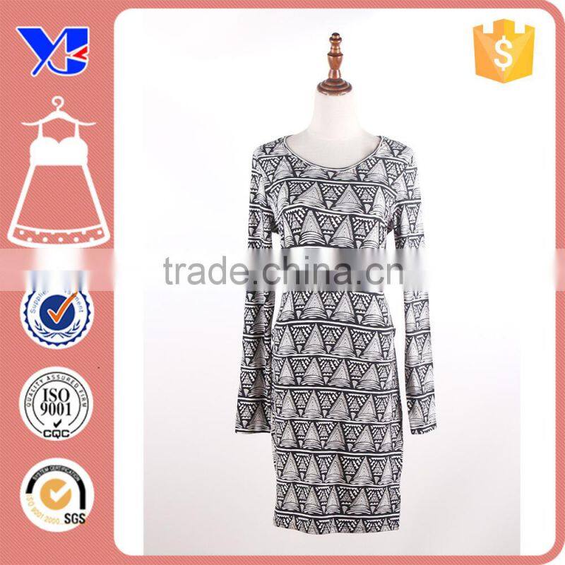 Fashion Fitted White Black Print Long sleeve Cheap Price Strength Milk Silk Dress