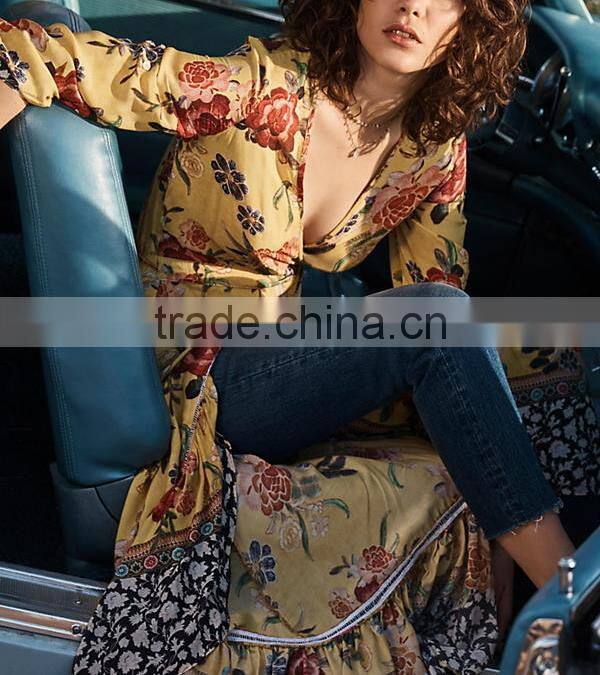 Vibrant Colors Embedded Vintage Long Sleeve Floral Maxi Dress Western Frock Designs For Ladies HSd5158