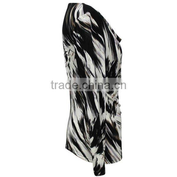 OEM factory cowl neck long sleeve stretchy cotton jersey ladies knitted white black leopard printed blouse