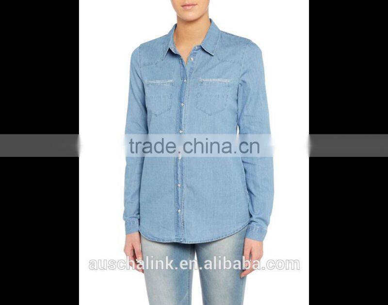 2016 new arrival ladies long sleeve blue denim shirt OEM service