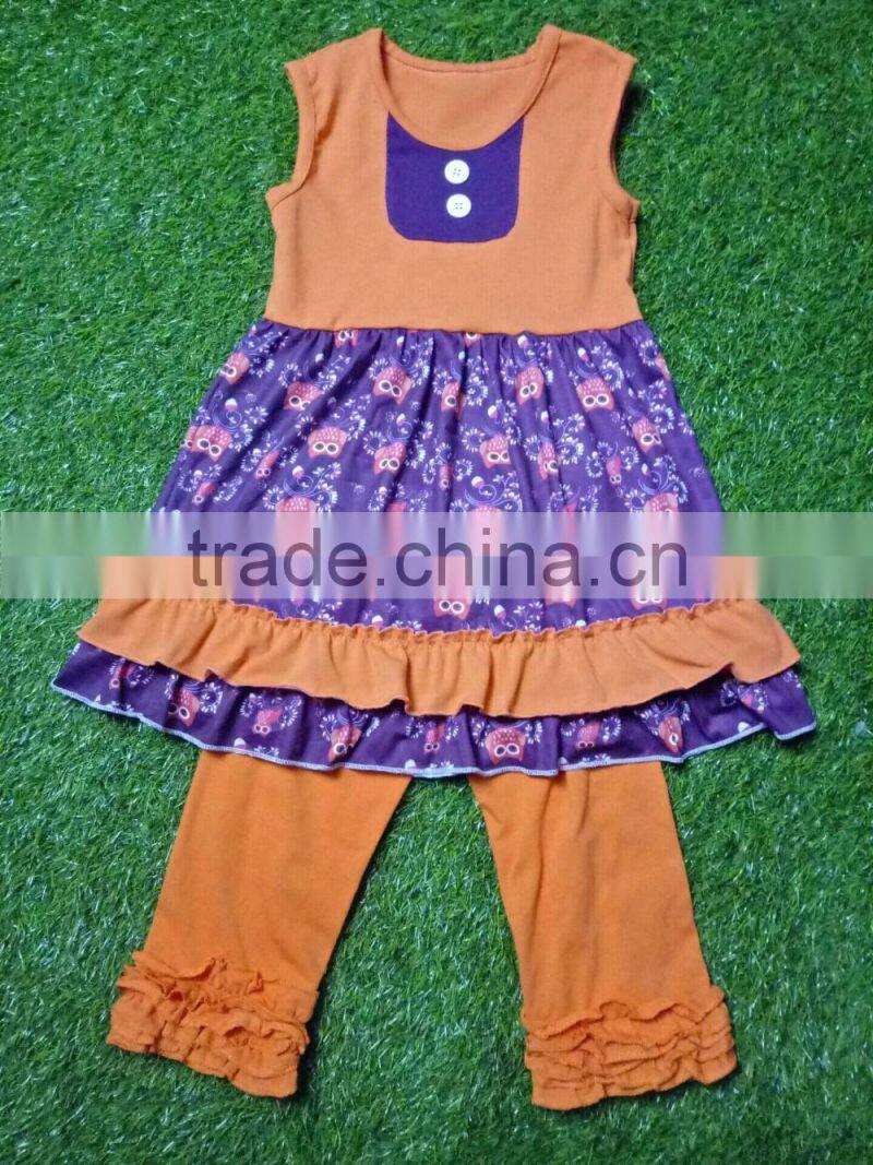 Wholesale Fashion Clothing Giggle Moon Spring Summer persnickety Cotton boutique remake ruffle owl printing Children Outfit sets