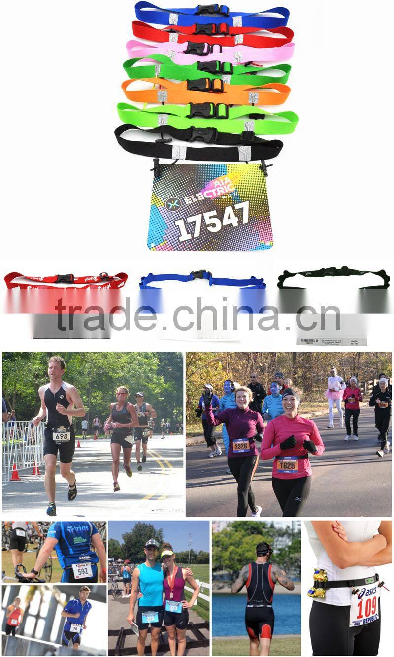 Customized Race Number Belt with Gel Holders - 6 belt colors - IronMan Triathlon Stretch Woven Logo Race Bibs Number Belt