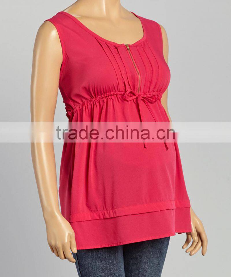 Hot Sale Magenta Zip-Front Maternity T-Shirt With Tie-Waist Maternity Sleeveless Tops Women Clothing WT80817-21