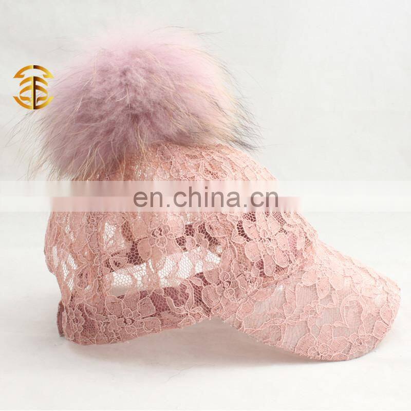 2016 Popular Six Panel Fur Pompom Thin and Sexy Lace Cap Wholesale