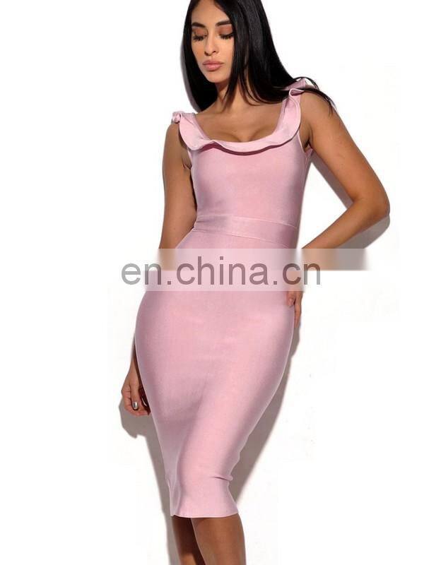 Amigo 2017 new style sleeveless Lotus leaf collar backless sexy bandage dress midi evening dresses for women party wear