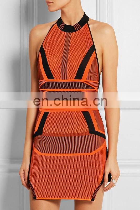 2017 latest orange sleeveless halter backless jacquard weave mini bandage dress for birthday party