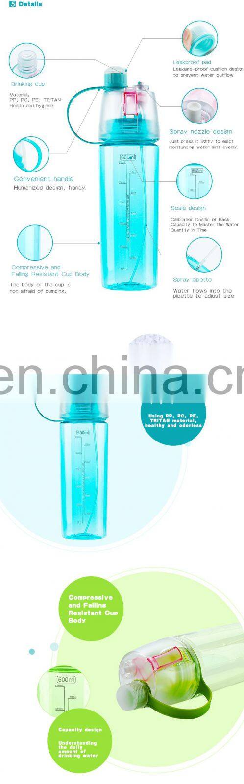 600ml running plastic spray mist sport drinking water bottle for yoga