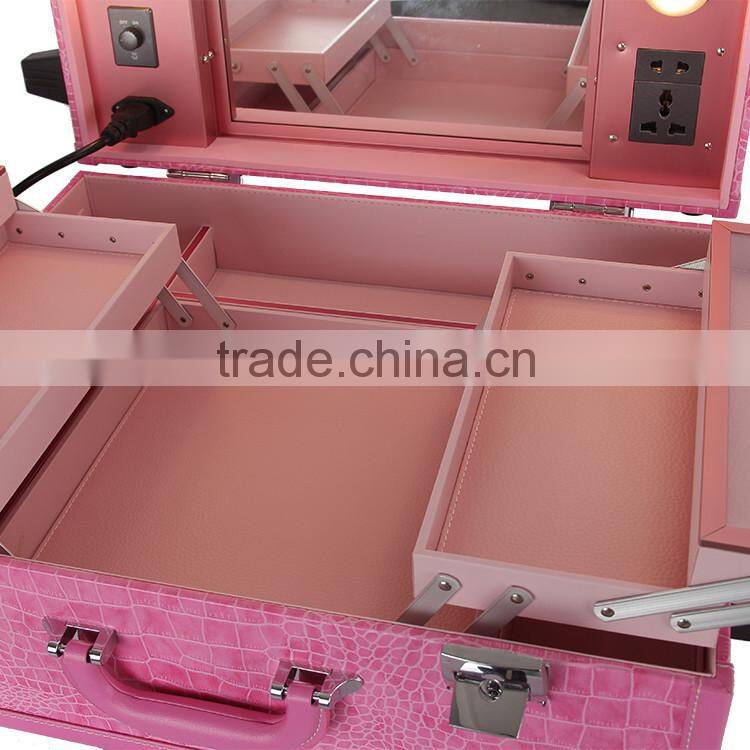 Fashional design pink lighted mirror cosmetic makeup beauty trolley carring case